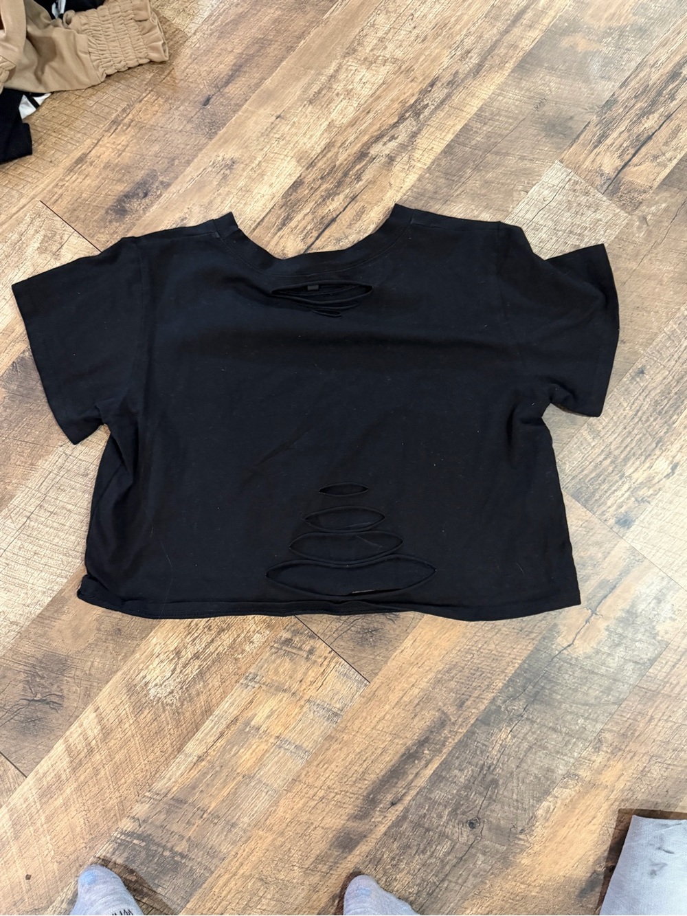 Black Distressed Crop Tee - Women Tops